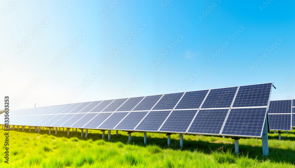 Solar panels on grassy field under clear blue sky, clean energy concept Solar panels on grassy field under clear blue sky, clean energy concept