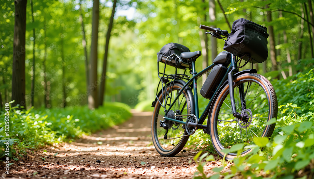 Fototapeta premium Bicycle parked on dirt trail in green forest, eco-friendly travel