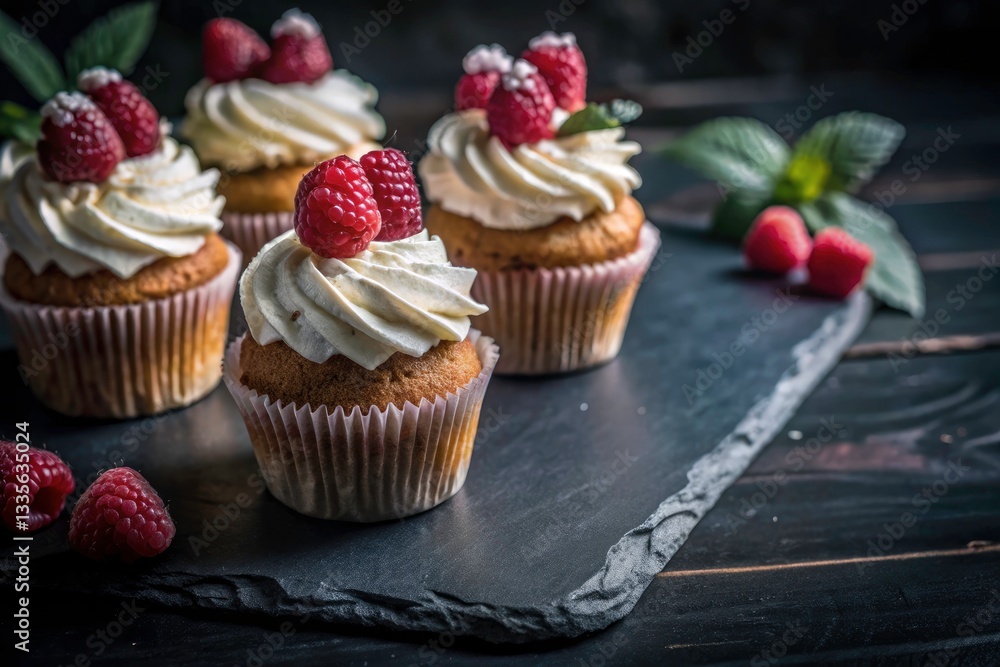 Delicious Raspberry Cream Cupcakes: Candid Photography on Dark Slate Delicious Raspberry Cream Cupcakes: Candid Photography on Dark Slate