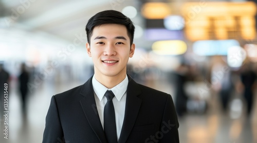 Wallpaper Mural Young businessman exudes confidence in a bustling airport, embodying determination and focus.
 Torontodigital.ca