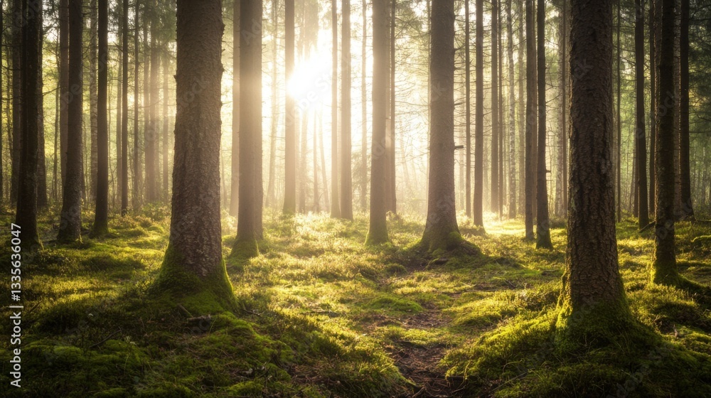 Fototapeta premium Tranquil forest bathed in soft sunlight, earthy tones blending harmoniously, evoking peace and natural serenity.