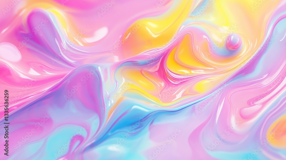 Obraz premium Vibrant 3D Rendering of Swirling Liquid Paint in Pink, Yellow, and Blue Hues for Design or Wallpaper