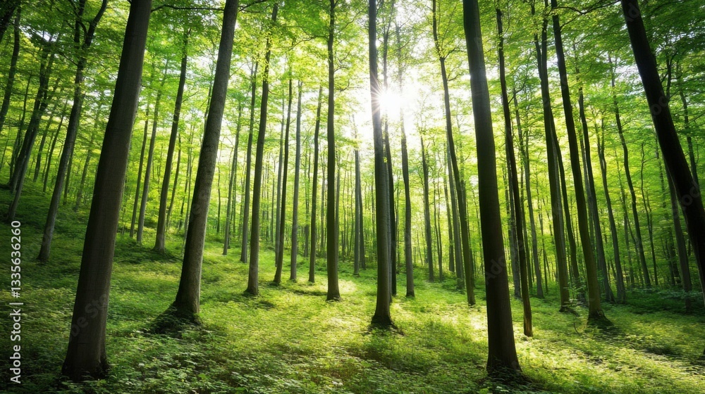 Fototapeta premium Tranquil forest bathed in soft sunlight, earthy tones blending harmoniously, evoking peace and natural serenity.