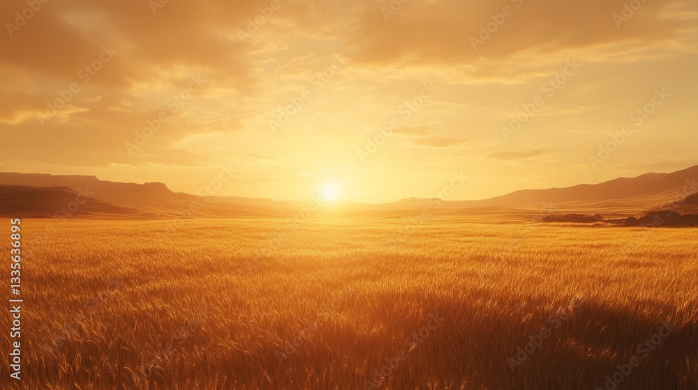 Obraz premium Golden wheat field under a warm sunset with grainy texture, studio-captured scene evoking a rustic and nostalgic atmosphere.