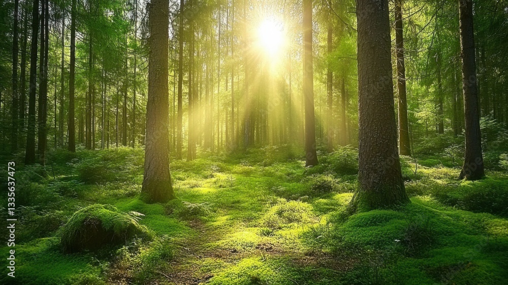 Fototapeta premium Tranquil forest bathed in soft sunlight, earthy tones blending harmoniously, evoking peace and natural serenity.