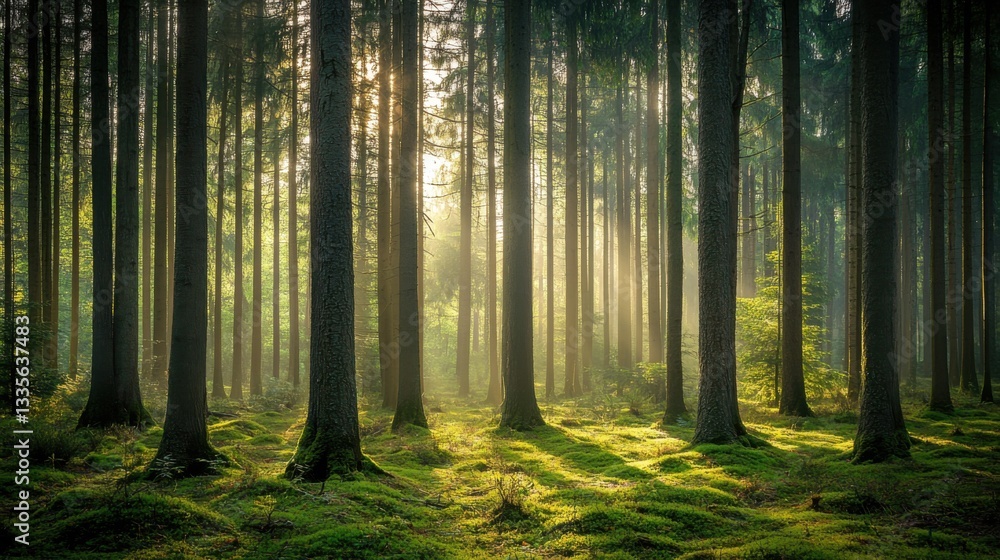 Fototapeta premium Tranquil forest bathed in soft sunlight, earthy tones blending harmoniously, evoking peace and natural serenity.