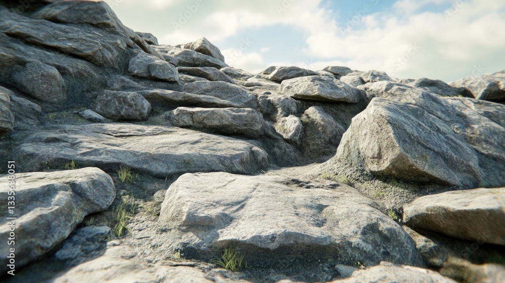 Gray rock formation with some small vegetation and a blue sky Gray rock formation with some small vegetation and a blue sky