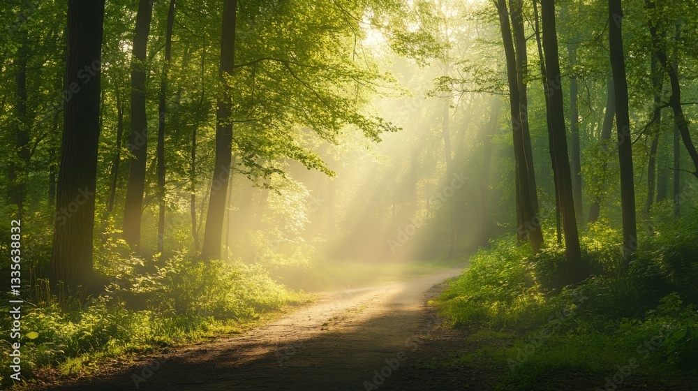 Fototapeta premium Tranquil forest bathed in soft sunlight, earthy tones blending harmoniously, evoking peace and natural serenity.