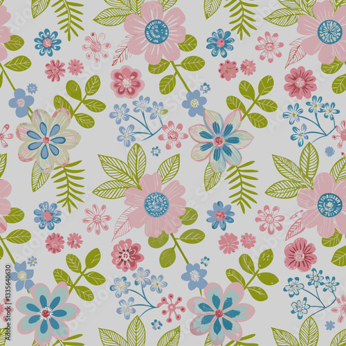 Floral seamless pattern with colorful flowers and green leaves, botanical textile or wallpaper design, nature-inspired decorative background, elegant and fresh spring theme illustration