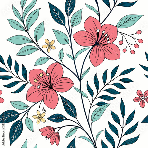 Hand-drawn floral pattern with red and blue flowers, green leaves and botanical elements, seamless nature-inspired decorative design for fabric, wallpaper, greeting cards, elegant and fresh