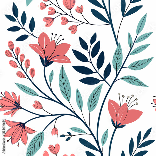 Botanical seamless pattern with red flowers and blue leaves, modern nature-inspired decorative background for textile, wallpaper, floral artwork, elegant and stylish hand-drawn composition
