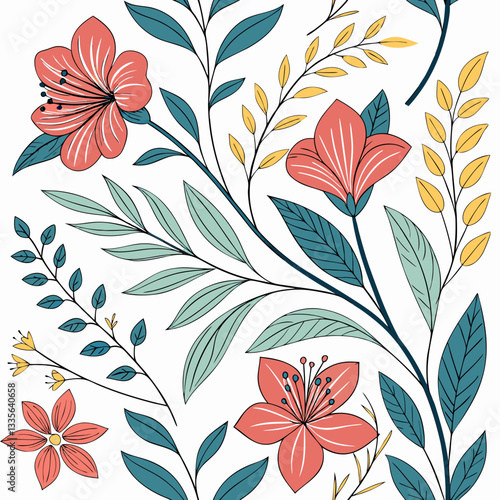 Elegant floral artwork with red and yellow flowers, delicate green leaves and botanical elements, detailed and stylish nature-inspired design, perfect for textile, wallpaper or decorative prints
