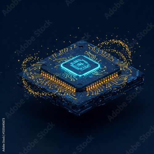Futuristic AI Chip with Golden Particles – 3D Isometric Tech Illustration
