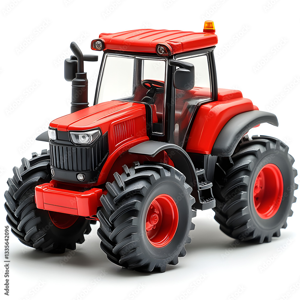 Obraz premium A red toy tractor, with oversized wheels and a durable design, isolated on a white background. 