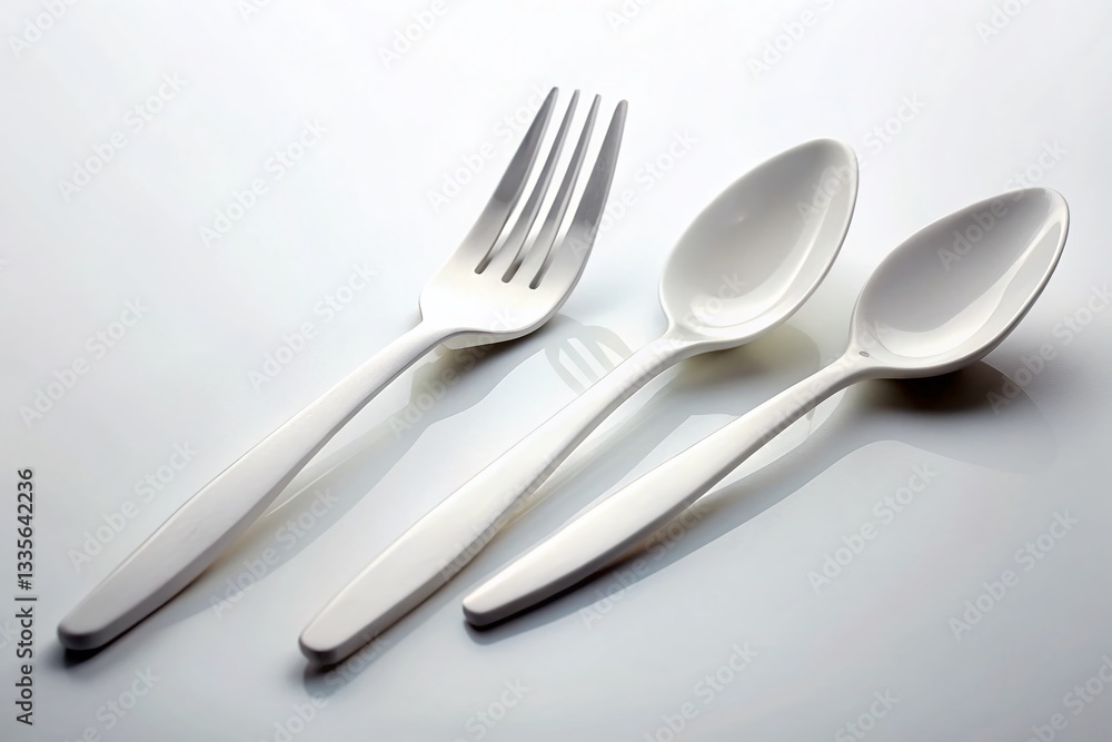 White Plastic Cutlery Set: Fork, Knife, Spoon Isolated on White Background with Bokeh Effect