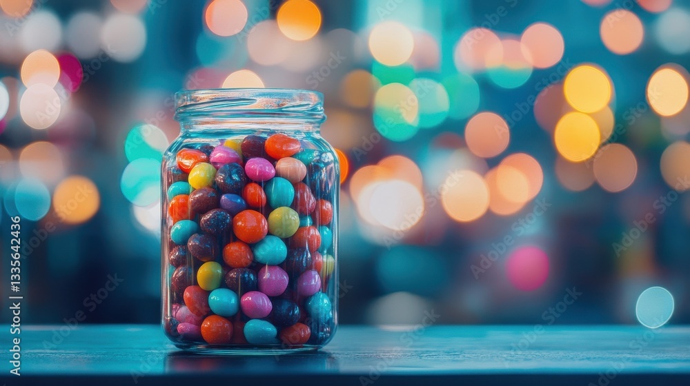 Colorful Candy Jar with Bright Background Bokeh Effect Colorful Candy Jar with Bright Background Bokeh Effect