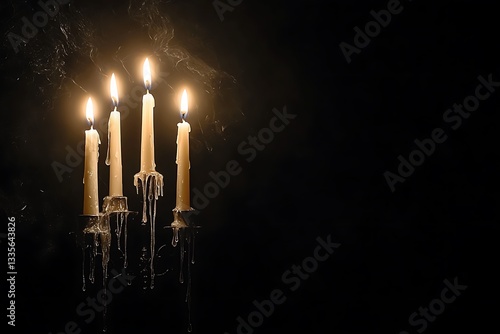 Melted candles glow in dark room