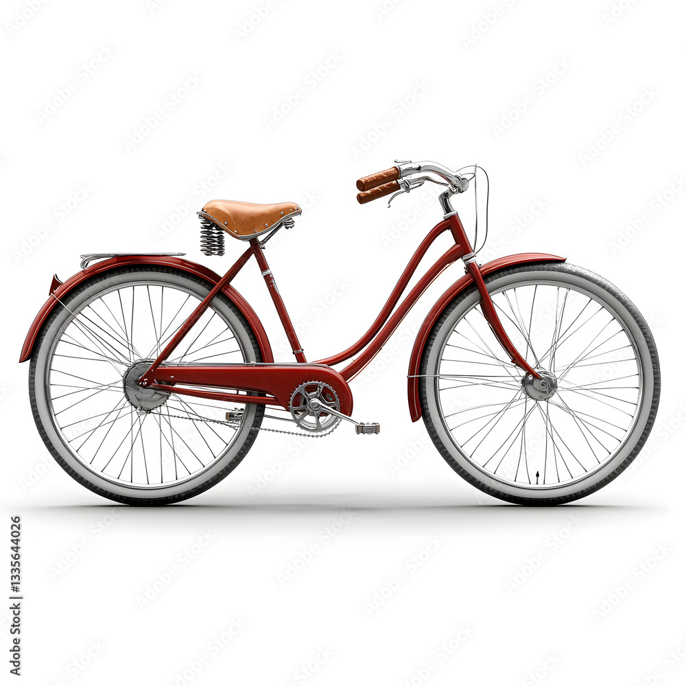 Fototapeta premium A red bicycle with a black seat and white wall tires. The frame of the bicycle has a vintage design with a basket in the front.
