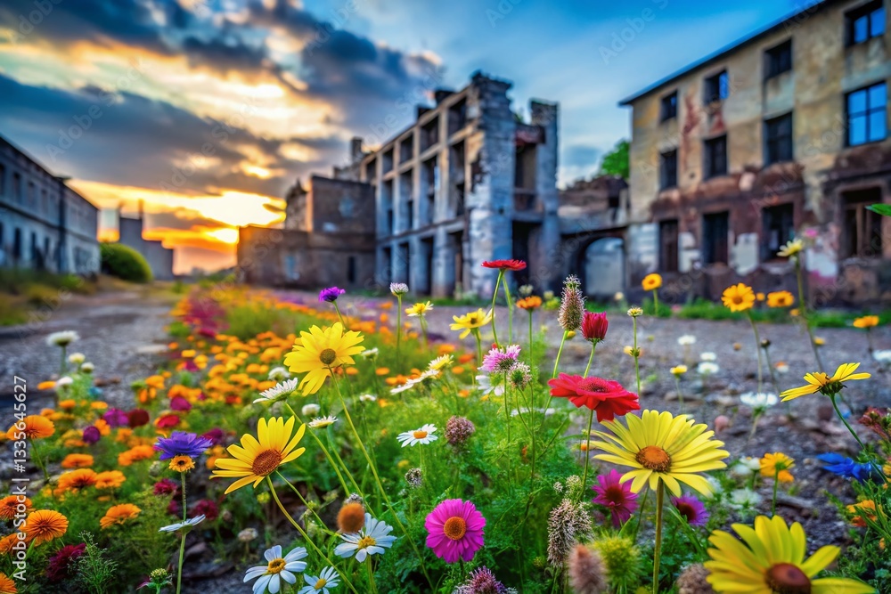 Fototapeta premium Wildflowers Blooming in Urban Decay: Hope Amidst Ruins - Stock Photo