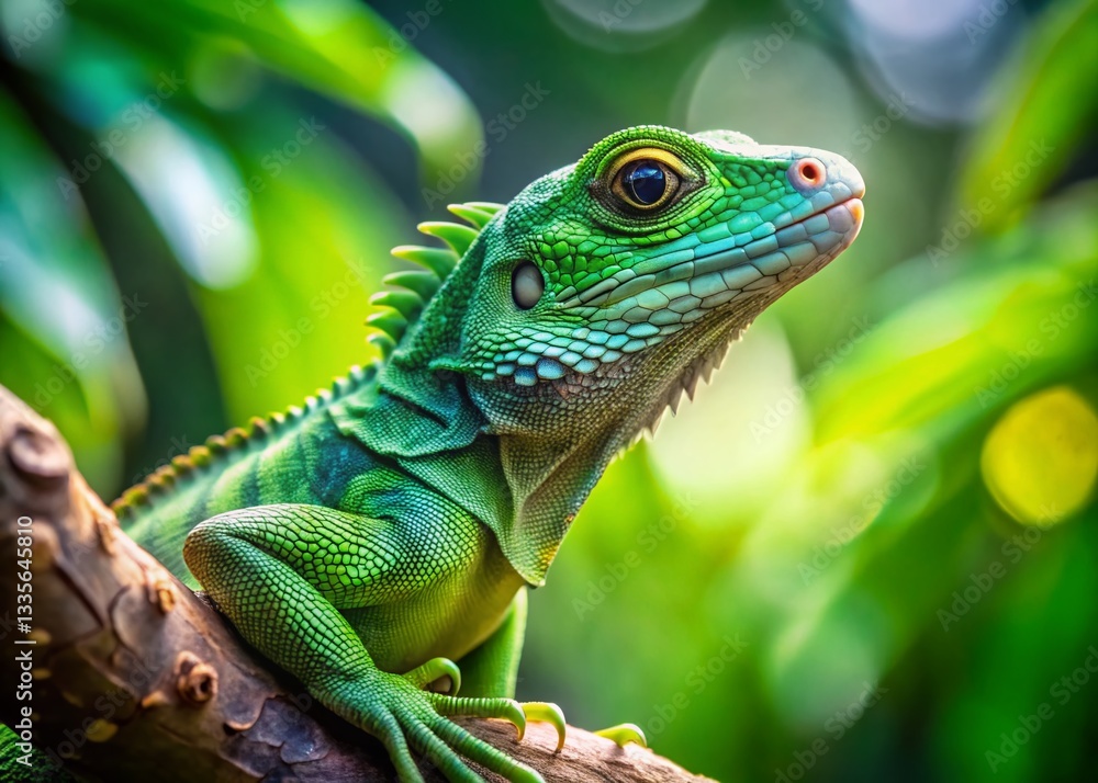 Wild Green Lizard on Branch, Copy Space, Nature Stock Photo Wild Green Lizard on Branch, Copy Space, Nature Stock Photo
