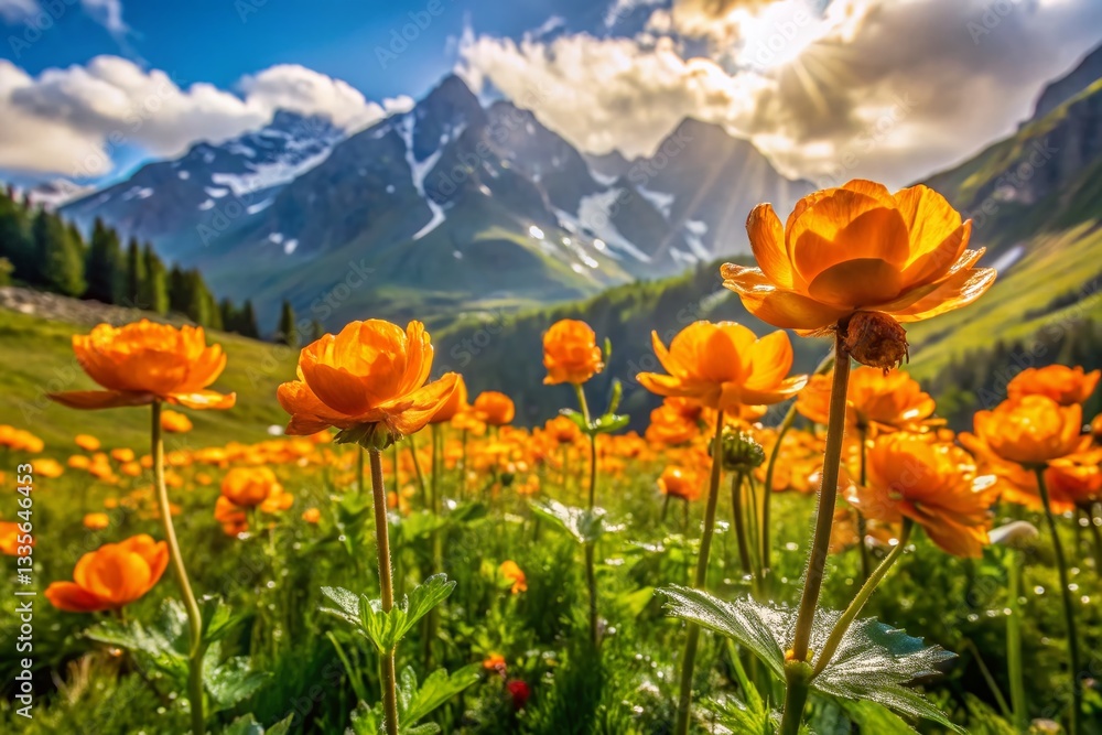 Wild Trollius Flowers Blooming in the Alps Mountain Meadow Wild Trollius Flowers Blooming in the Alps Mountain Meadow
