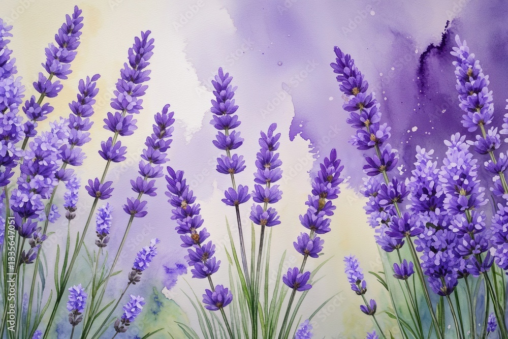 Naklejka premium Ethereal Watercolor Backdrop Featuring Lavender Blossoms for Spring and Summer Decor