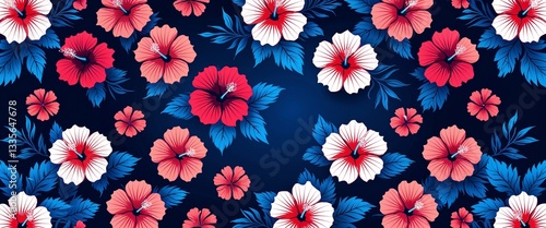 hibiscus pattern on blue plain background digital abstract art work illustration design