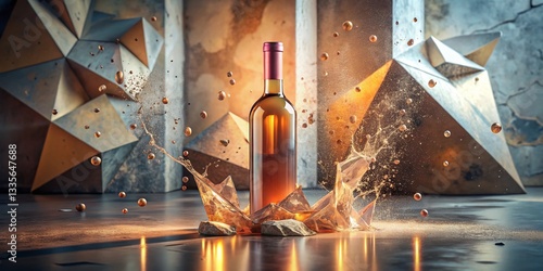 Wine Bottle Splash: Urban Concrete Bokeh, Pastel 3D Floating Objects