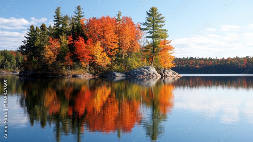 Obraz premium Autumn island reflected in calm lake. Vibrant fall foliage mirrored perfectly