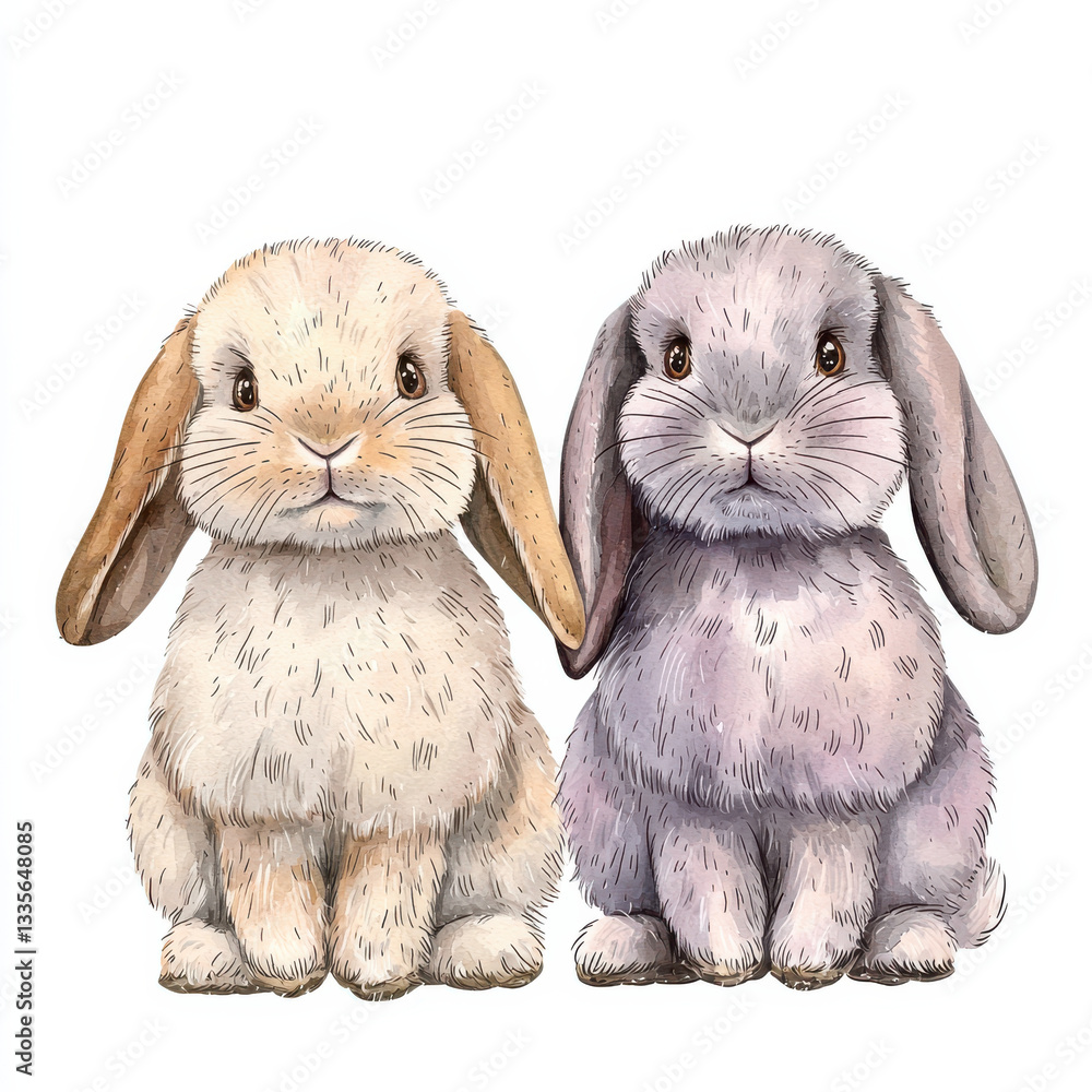 Fototapeta premium Cute Holland Lop Rabbit, Two adorable hand drawn watercolor rabbits with floppy ears, sitting together,Kawaii bunny Isolated design on white background
