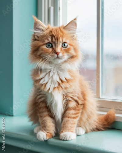 Wallpaper Mural Adorable fluffy orange kitten sitting by a window, showcasing bright eyes and playful demeanor in a cozy indoor setting. Torontodigital.ca