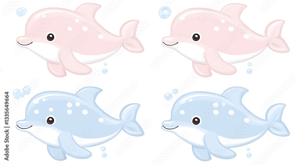 Four cute cartoon dolphins, two pink and two light blue, with white spots and bubbles. Four cute cartoon dolphins, two pink and two light blue, with white spots and bubbles.