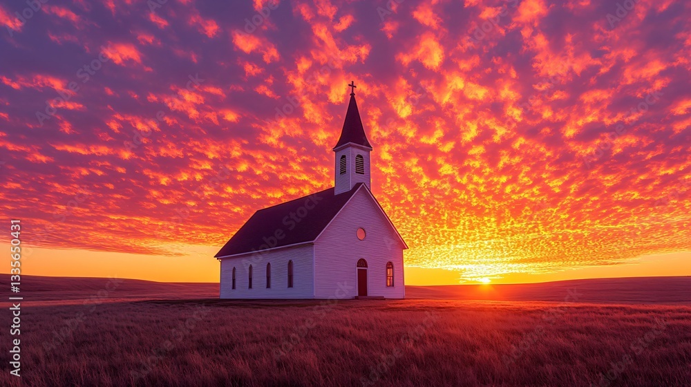Fototapeta premium Small white church on grassy field at sunset with dramatic orange and purple sky. Rural Christian landscape. Spiritual serenity concept for religious greeting card or countryside worship