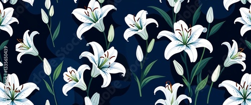 lily pattern on blue plain background digital abstract art work illustration design