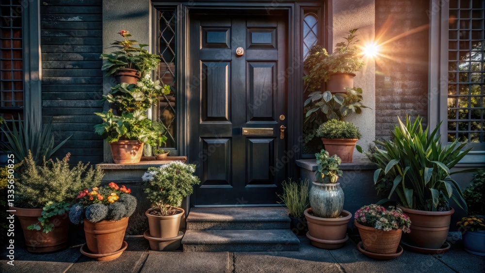 Fototapeta premium Front Door House Plants Potted Plants Exterior Home Decor Entrance Garden Landscaping Photography