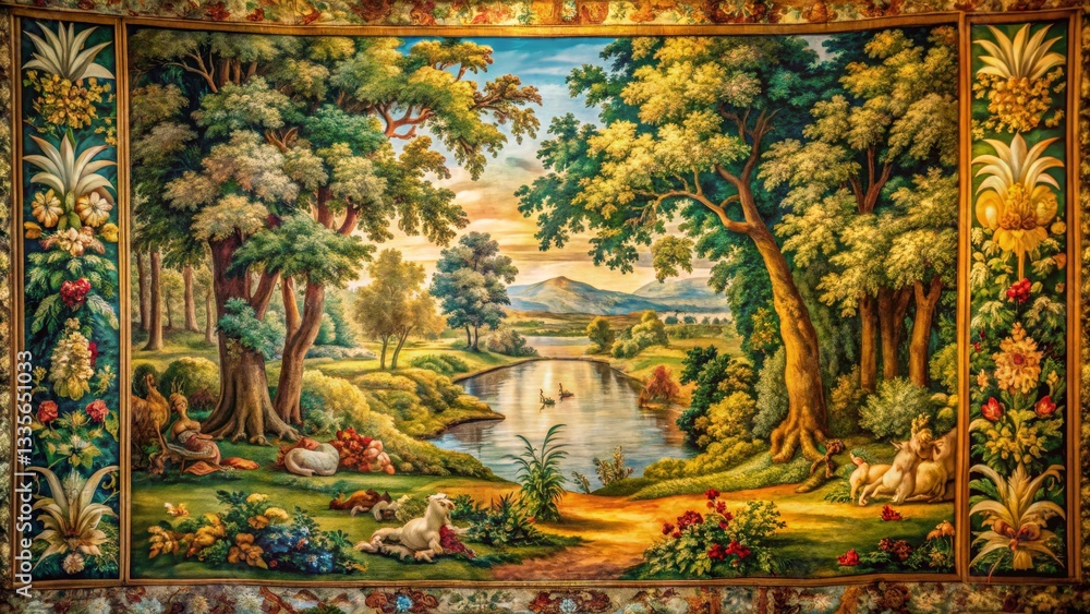 Fototapeta premium Landscape Tapestry with Pastoral Scene
