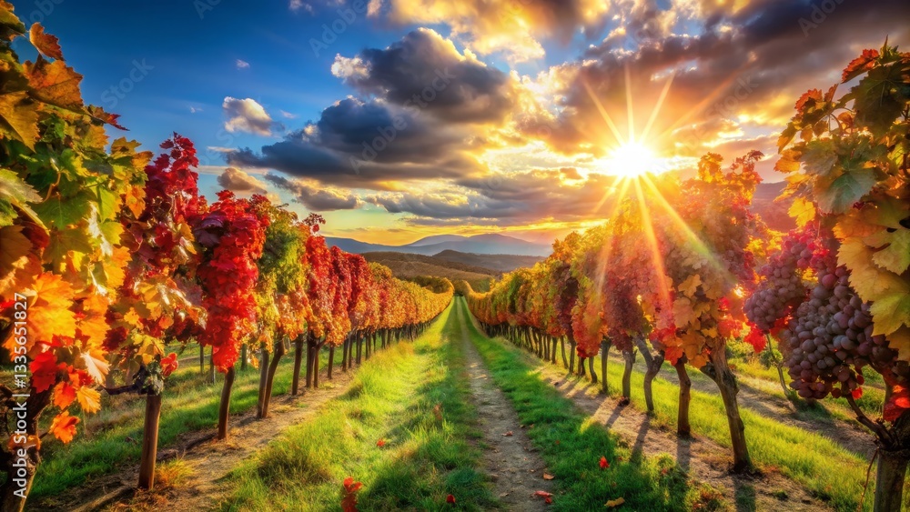Naklejka premium Autumn Vineyard at Sunset