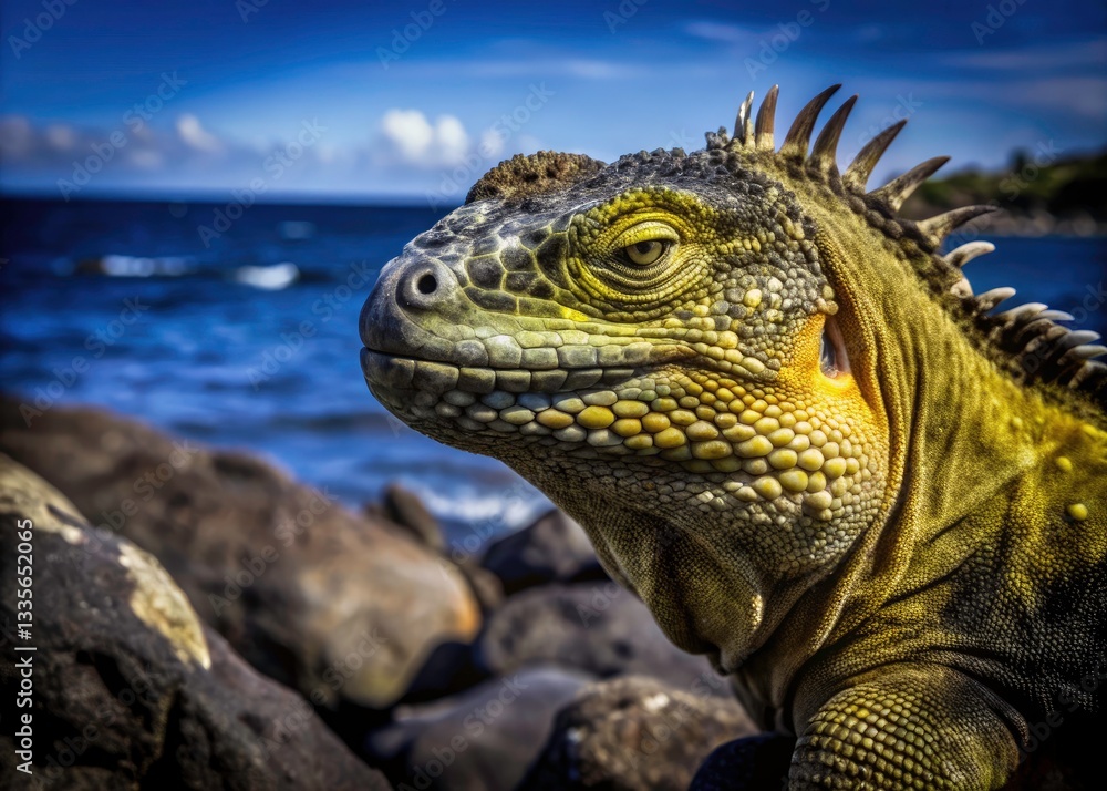 Galapagos Land Iguana Portrait: Ocean Background Wildlife Photography Stock Image Galapagos Land Iguana Portrait: Ocean Background Wildlife Photography Stock Image