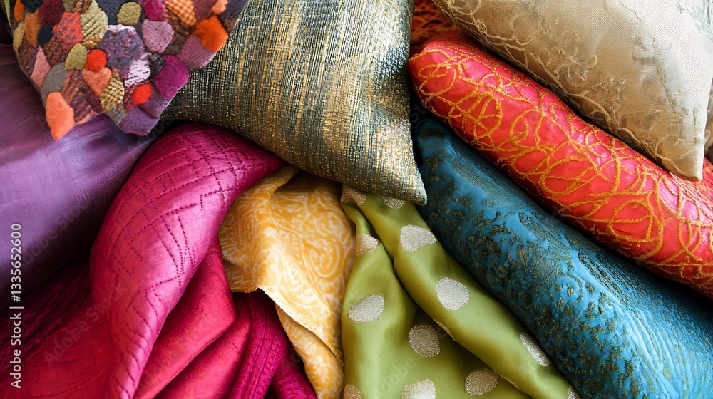 Naklejka premium A Colorful Collection of Luxurious Fabrics and Pillows