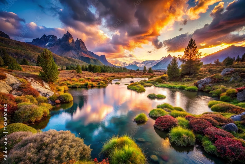 Naklejka premium Mountain Landscape Reflection at Sunset