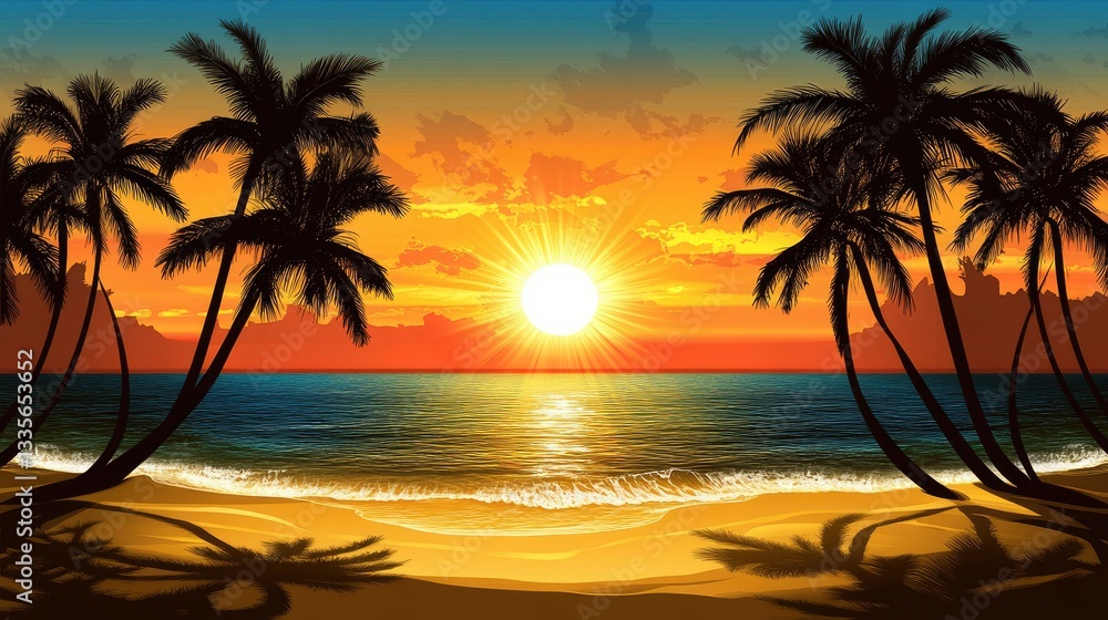 Tropical Sunset Paradise: Palm Trees Silhouetted Against a Vibrant Orange and Golden Sky Over a Calm Ocean Tropical Sunset Paradise: Palm Trees Silhouetted Against a Vibrant Orange and Golden Sky Over a Calm Ocean