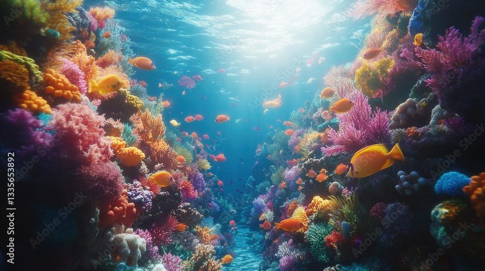 Naklejka premium Vibrant Underwater Scene with Colorful Coral Reefs and Lively Tropical Fish Swimming in Clear Blue Water