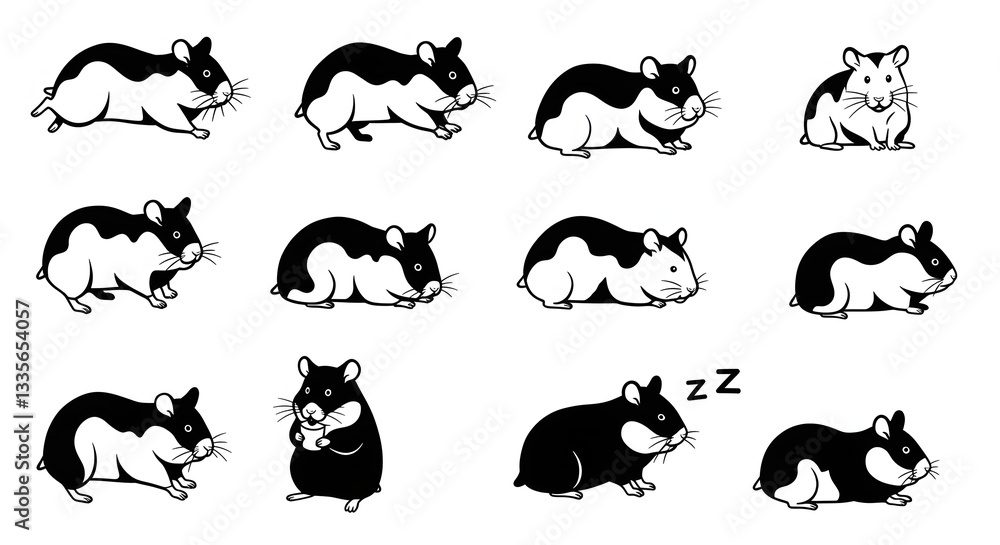 Fototapeta premium Hamster silhouette modern set, black and white. Ideal for pet lovers and animal-themed enthusiasts. Illustrations depict hamsters in various poses: running, standing, sitting, sleeping, eating, and