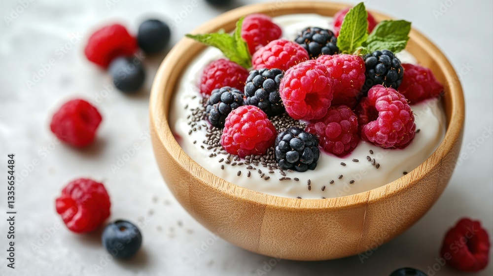Fresh Yogurt Bowl with Raspberries, Blackberries, and Blueberries Garnished with Mint Leaves and Chia Seeds Fresh Yogurt Bowl with Raspberries, Blackberries, and Blueberries Garnished with Mint Leaves and Chia Seeds