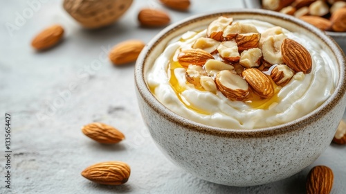 Creamy yogurt topped with nuts and honey in a rustic bowl on a textured surface and almonds scattered around