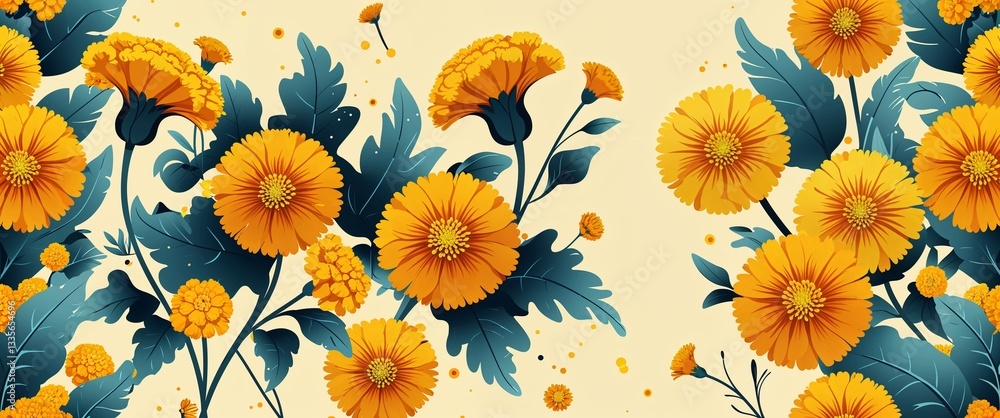 marigold pattern on yellow plain background digital abstract art work illustration design marigold pattern on yellow plain background digital abstract art work illustration design
