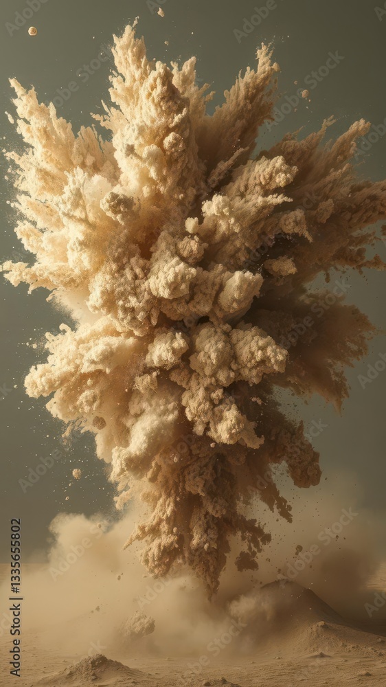 Naklejka premium Brown dust cloud erupting from impact, debris flying, airborne,soil,chaos