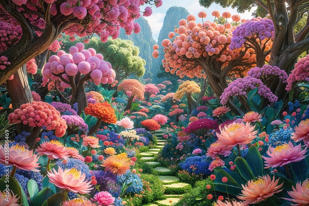 Obraz premium Exquisite Botanical Vista Overflowing with Whimsical Blossoms in Vibrant 3D