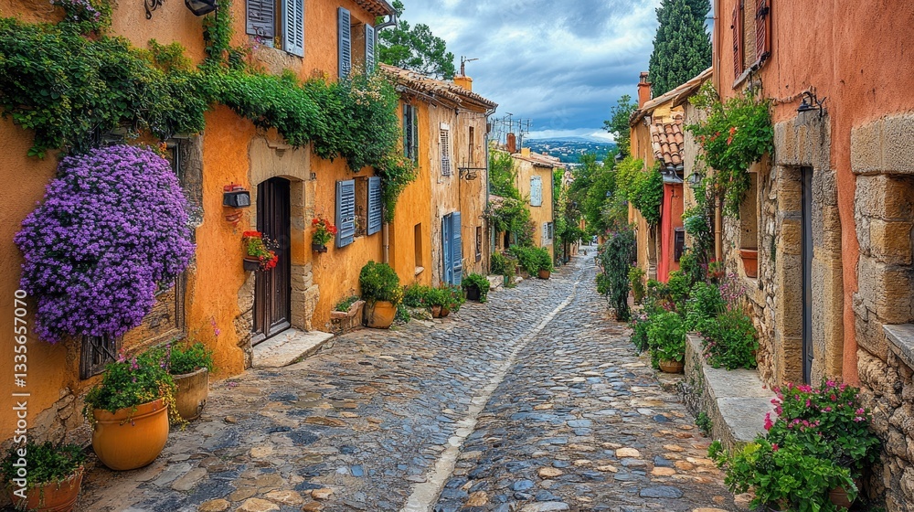 Fototapeta premium Charming cobblestone street in a picturesque village. Colorful houses with flowers and plants line the narrow path, leading to a distant hilltop
