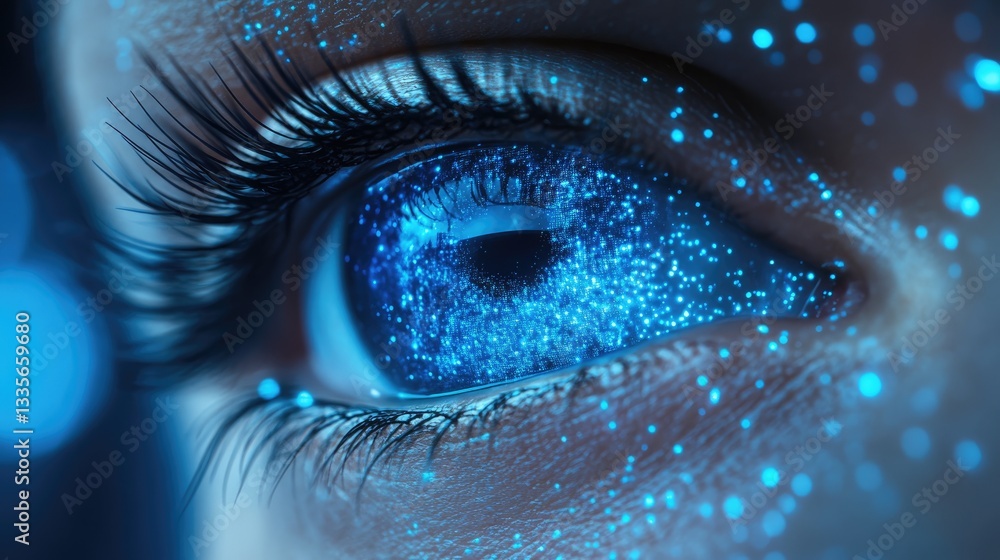 Close-up of a glowing, digital eye. Intricate details highlight the iris and surrounding structures Close-up of a glowing, digital eye. Intricate details highlight the iris and surrounding structures